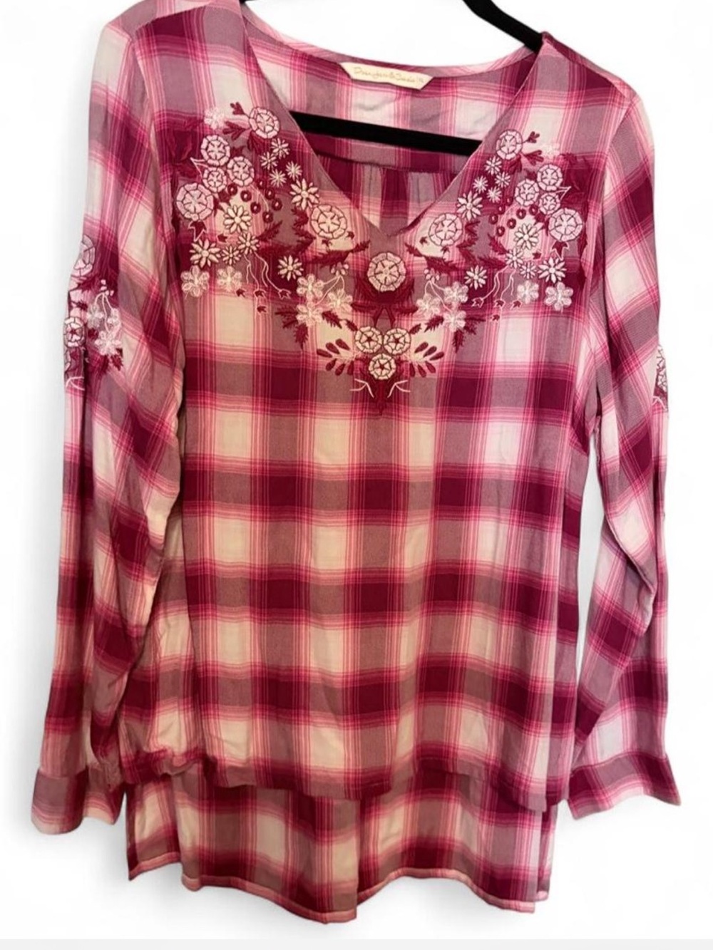 Women’s Pink Plaid Embroidered V-Neck Tunic Top